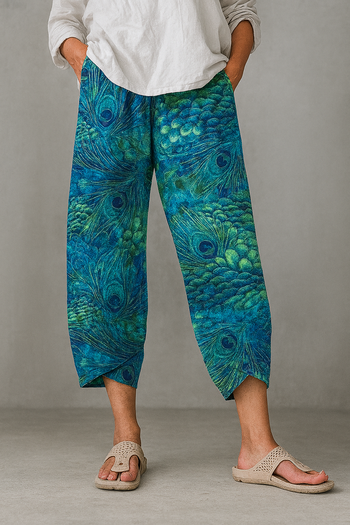 Women's Peacock Feather Pattern Art Print Casual Cotton Linen V-neck Shirt