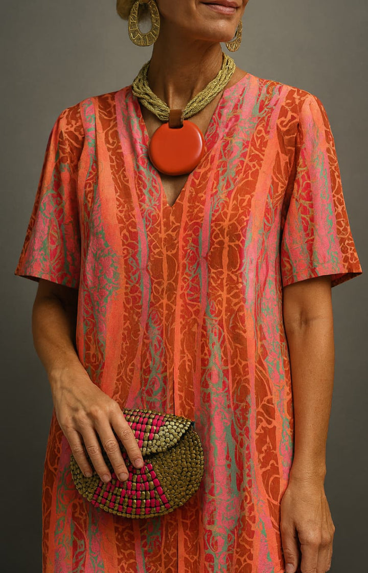 ALEJANDRA | VESTIDO DE SEDA FRÍA Y MANGA CORTA EN ESTAMPADO ÉTNICO NARANJA Y FUCSIA, ESPECTACULAR PARA EL DÍA A DÍA