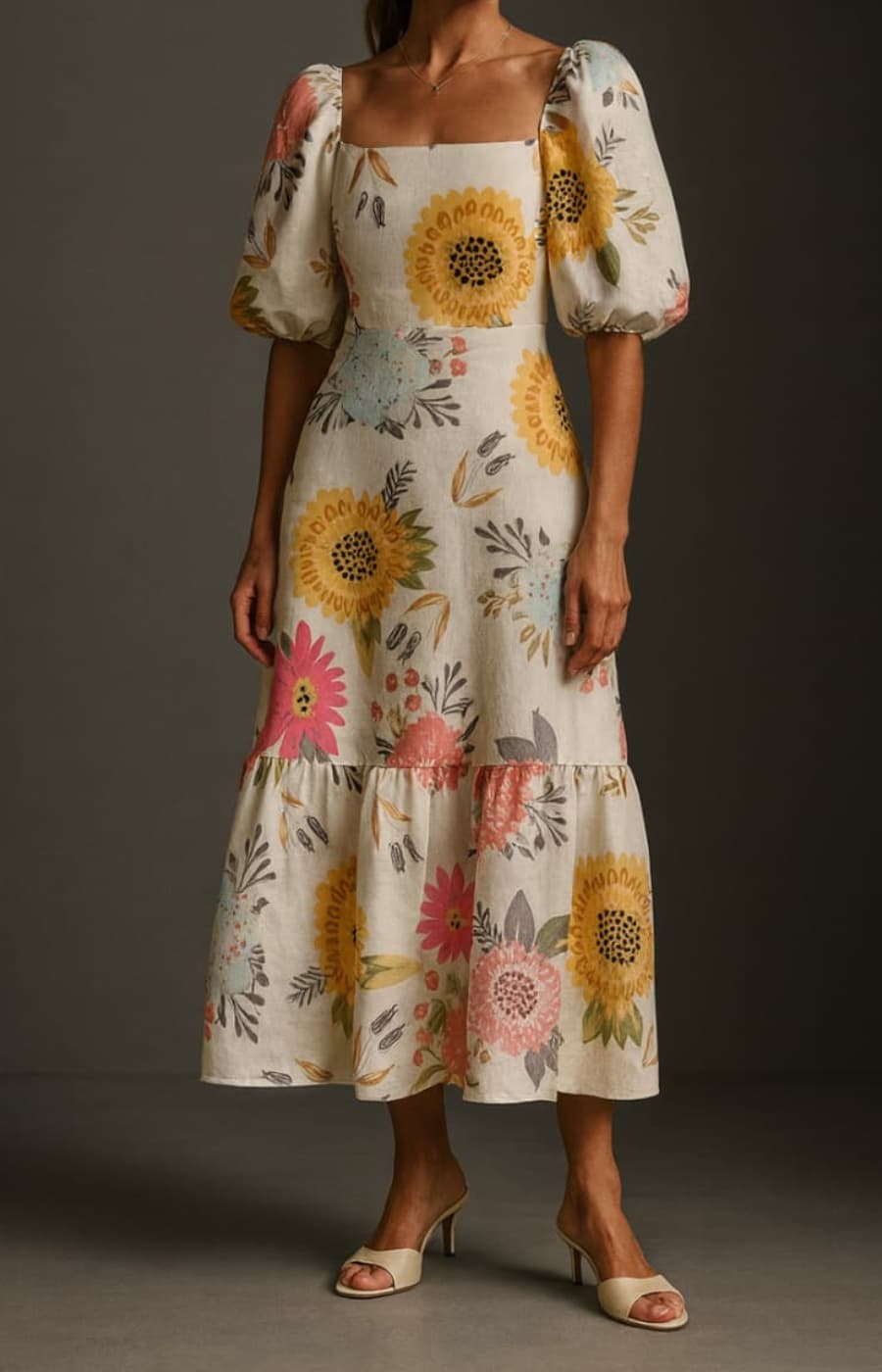 ALA | VESTIDO MIDI FLORAL CON MANGAS ABULLONADAS