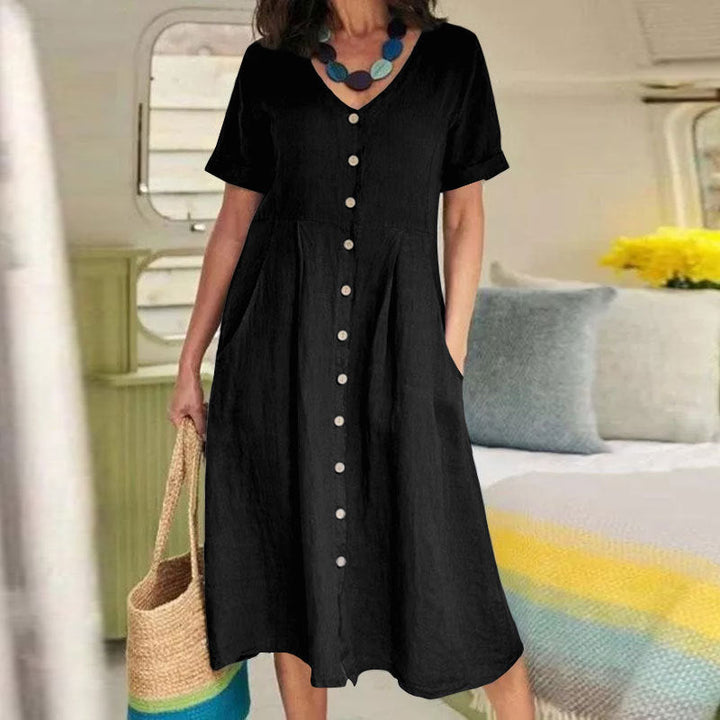 CM | Color Sólido Vestidos de Lino de Cintura Alta Sueltos
