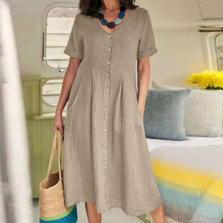 CM | Color Sólido Vestidos de Lino de Cintura Alta Sueltos
