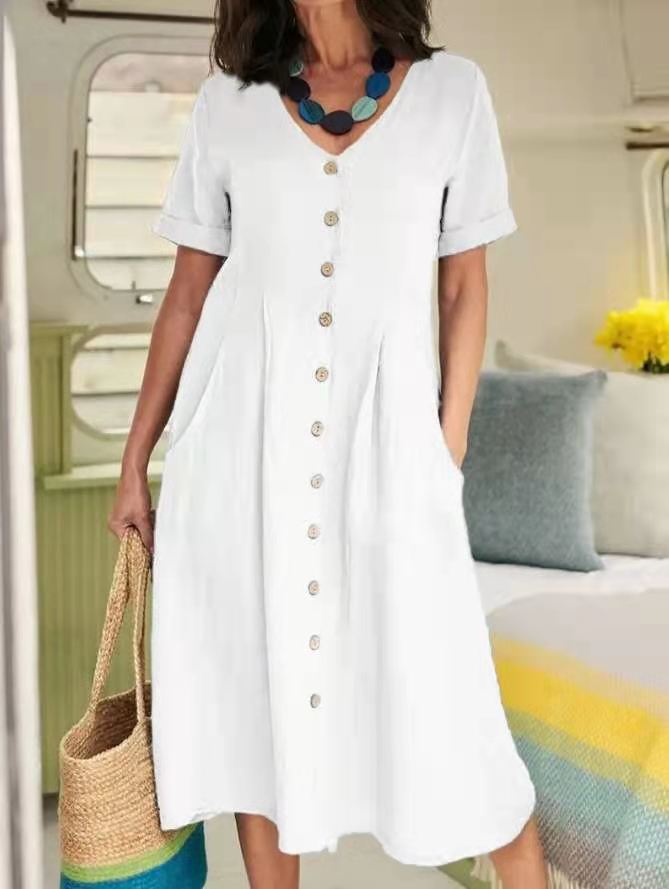 CM | Color Sólido Vestidos de Lino de Cintura Alta Sueltos