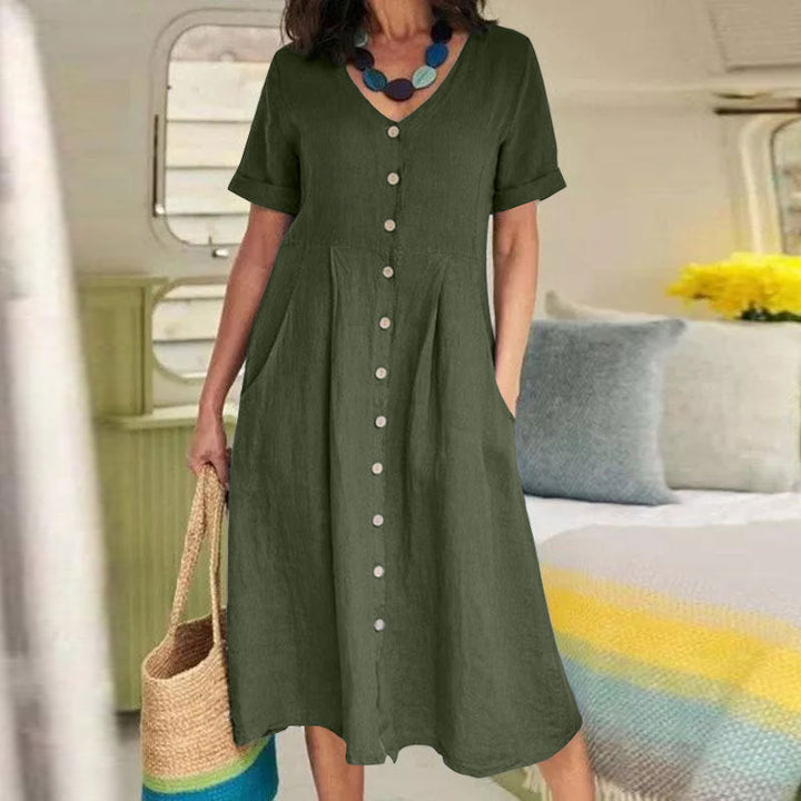 CM | Color Sólido Vestidos de Lino de Cintura Alta Sueltos