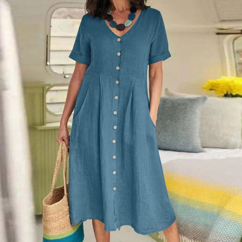 CM | Color Sólido Vestidos de Lino de Cintura Alta Sueltos