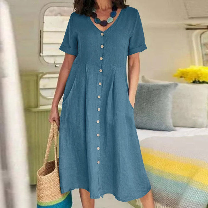 CM | Color Sólido Vestidos de Lino de Cintura Alta Sueltos