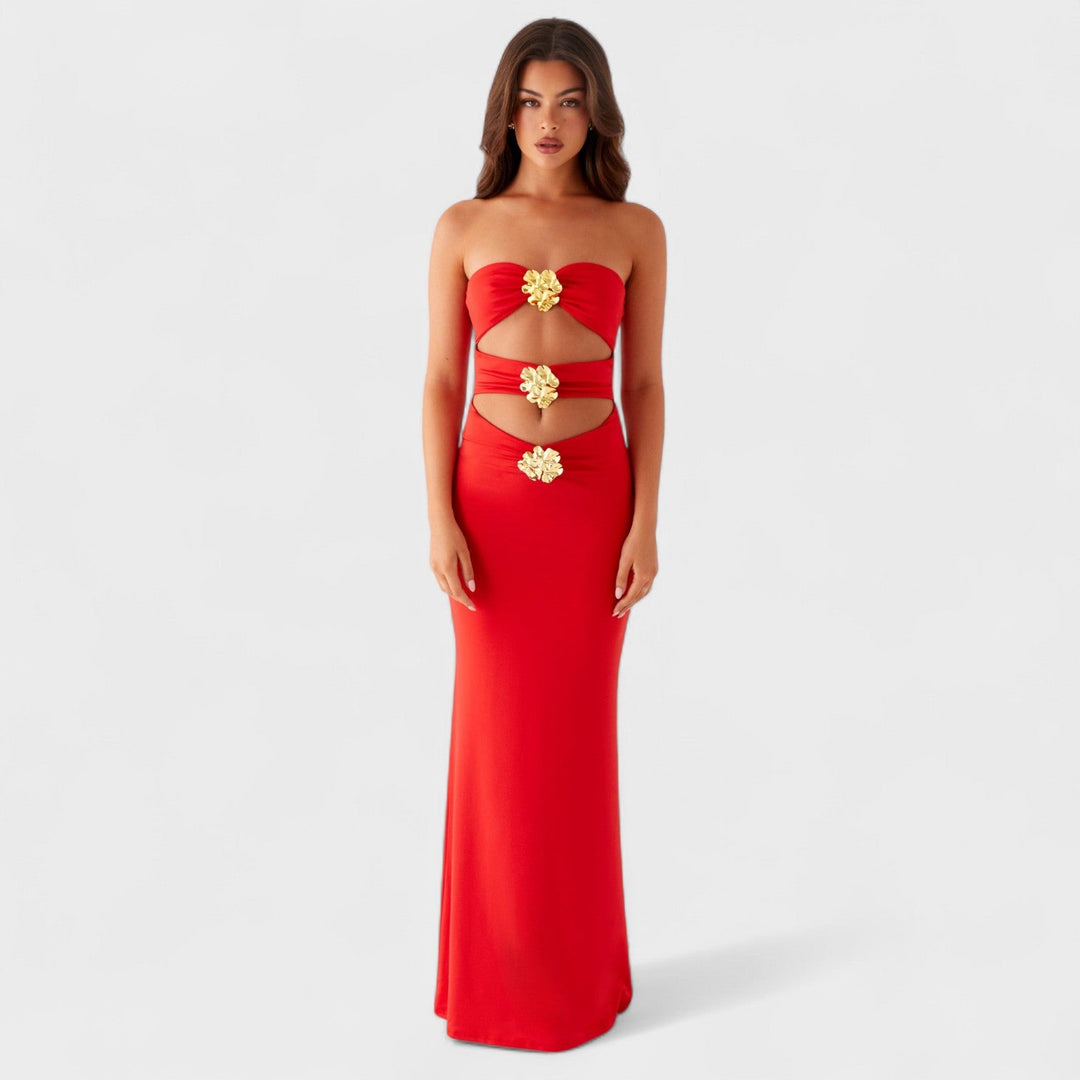 Jimena – Maxi Cut-Out Rojo con Flores Doradas que realza tu elegancia