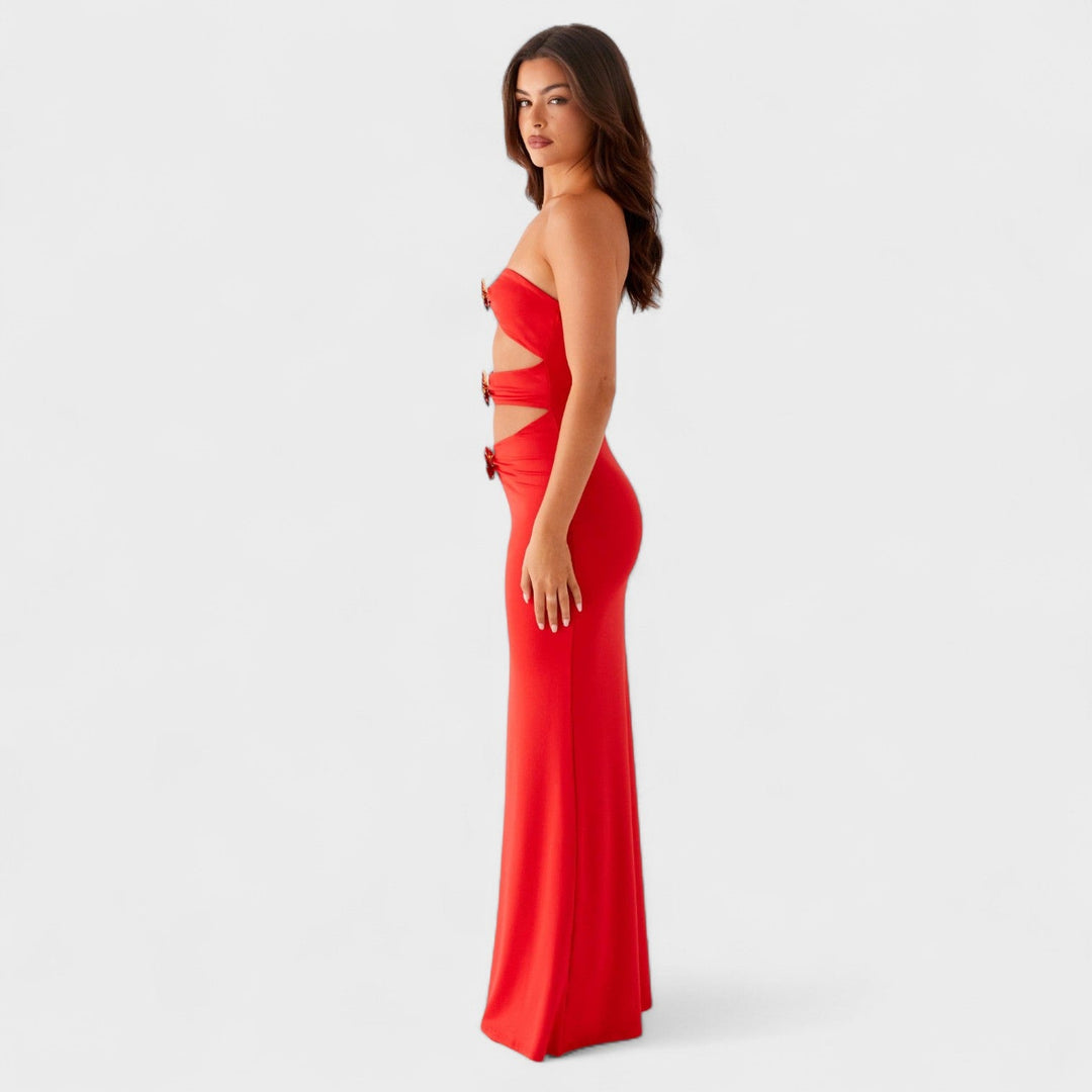 Jimena – Maxi Cut-Out Rojo con Flores Doradas que realza tu elegancia