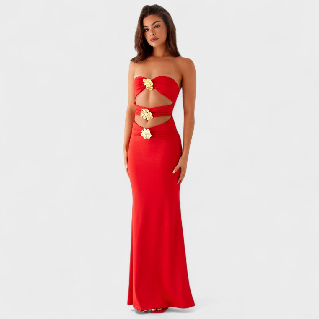Jimena – Maxi Cut-Out Rojo con Flores Doradas que realza tu elegancia