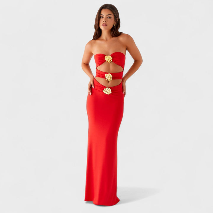 Jimena – Maxi Cut-Out Rojo con Flores Doradas que realza tu elegancia