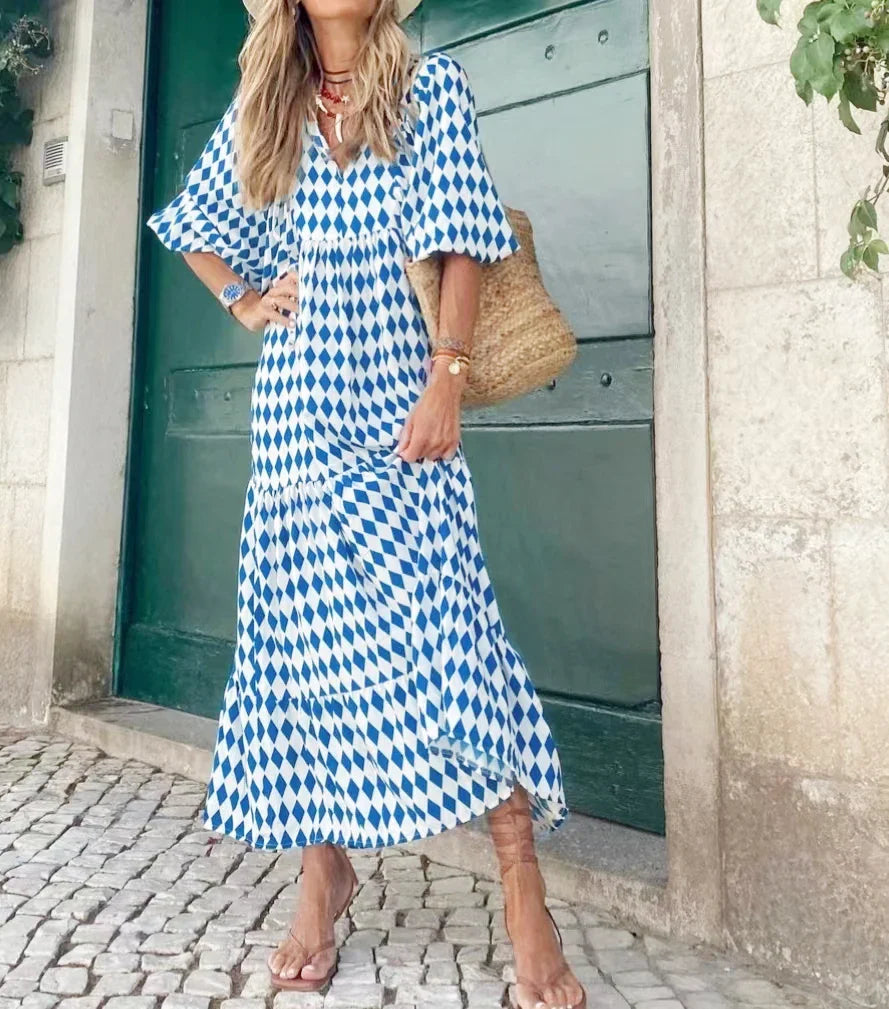 Women Dress Summer Puff SleeveBoho V Neck Printing Long Dress LooseHoliday Beach Female Casual FloralDresses Party Vestidos