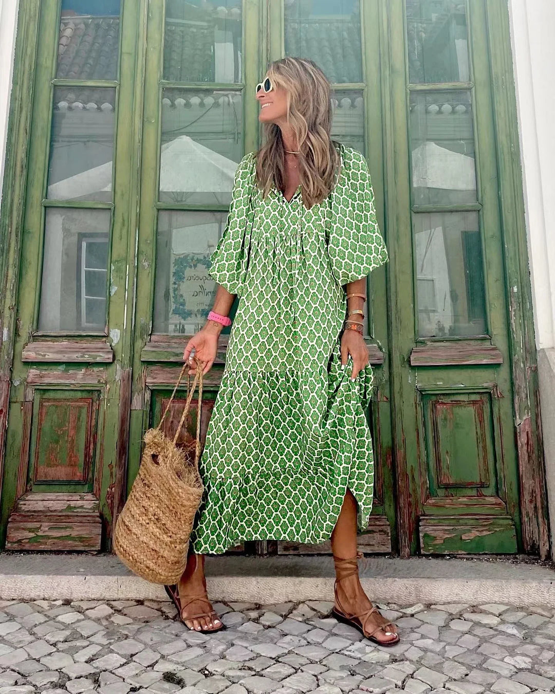 Women Dress Summer Puff SleeveBoho V Neck Printing Long Dress LooseHoliday Beach Female Casual FloralDresses Party Vestidos
