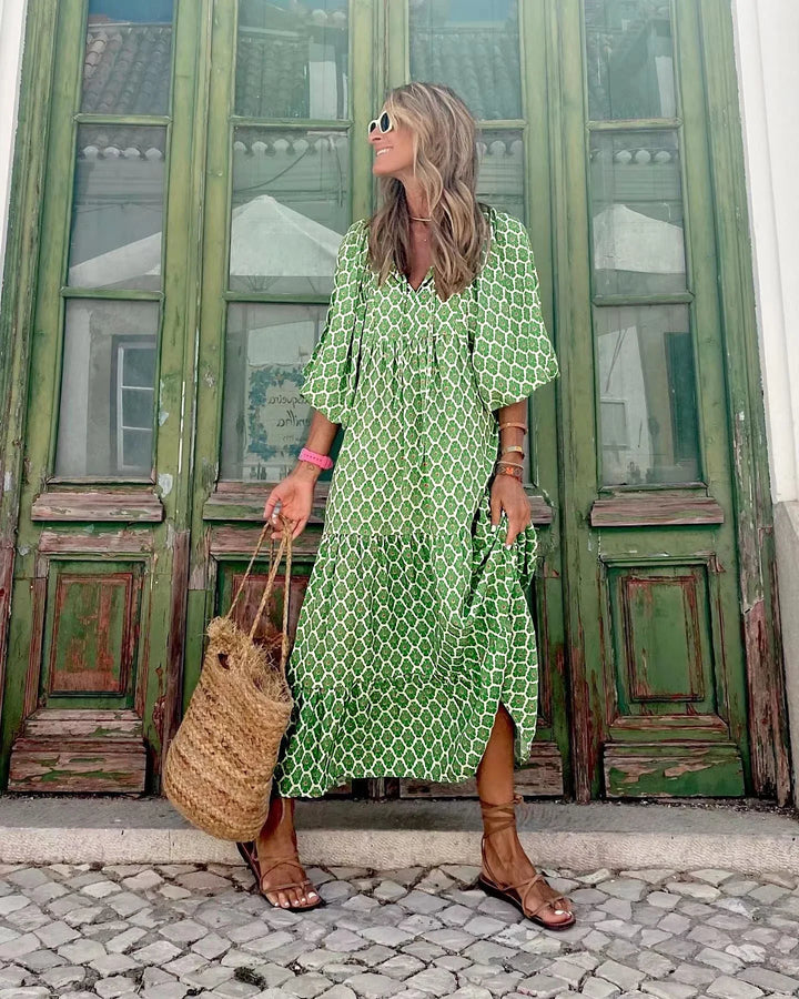 Women Dress Summer Puff SleeveBoho V Neck Printing Long Dress LooseHoliday Beach Female Casual FloralDresses Party Vestidos
