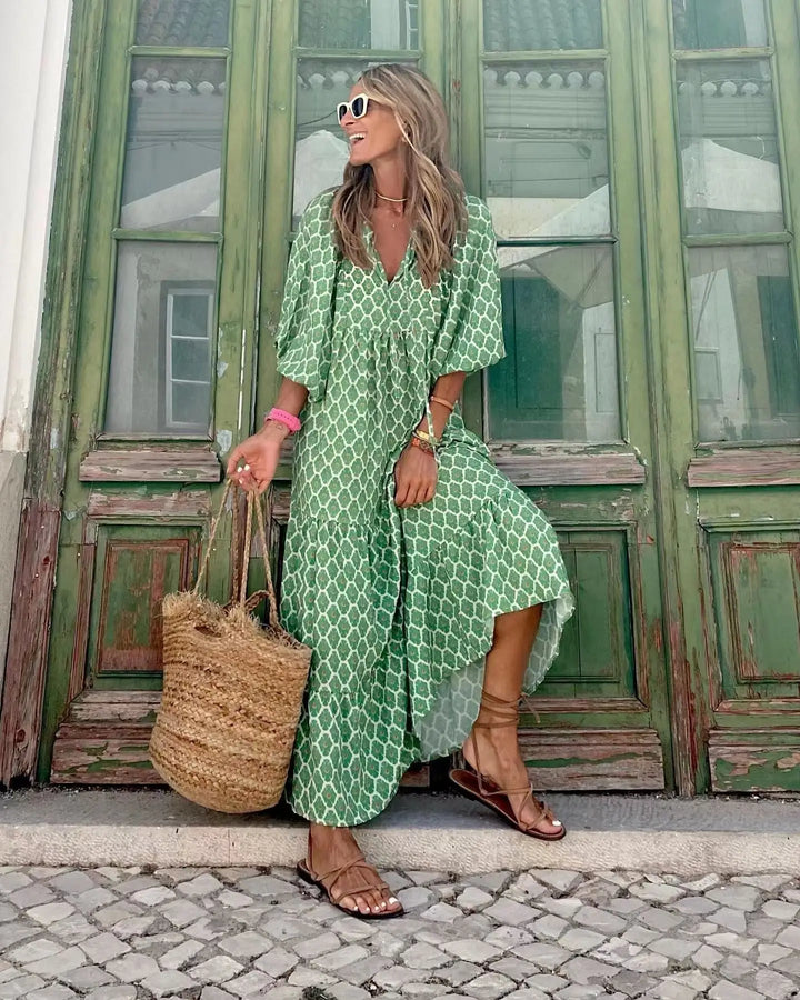 Women Dress Summer Puff SleeveBoho V Neck Printing Long Dress LooseHoliday Beach Female Casual FloralDresses Party Vestidos