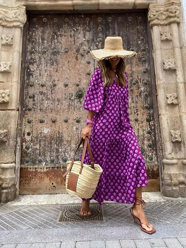Women Dress Summer Puff SleeveBoho V Neck Printing Long Dress LooseHoliday Beach Female Casual FloralDresses Party Vestidos