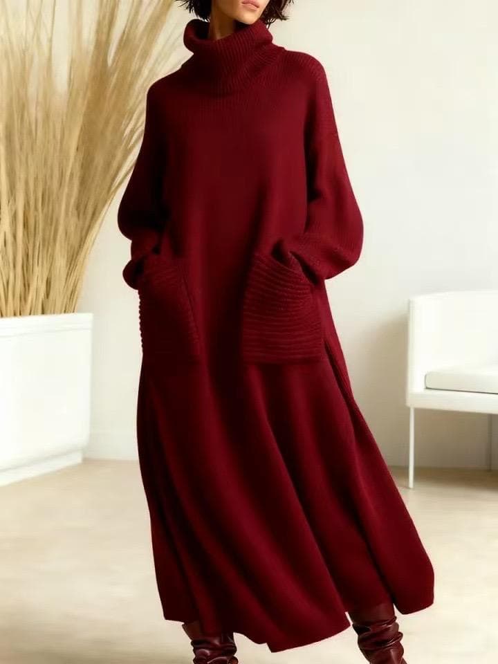Vestido Largo de Punto con Cuello Alto – Lujo Acogedor para el Invierno