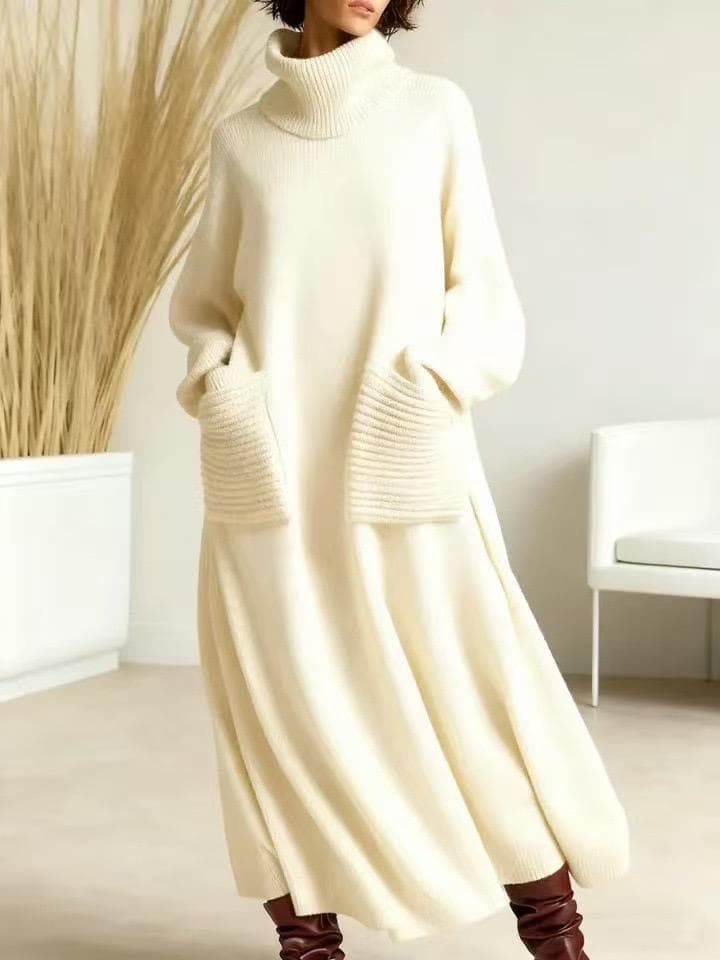 Vestido Largo de Punto con Cuello Alto – Lujo Acogedor para el Invierno