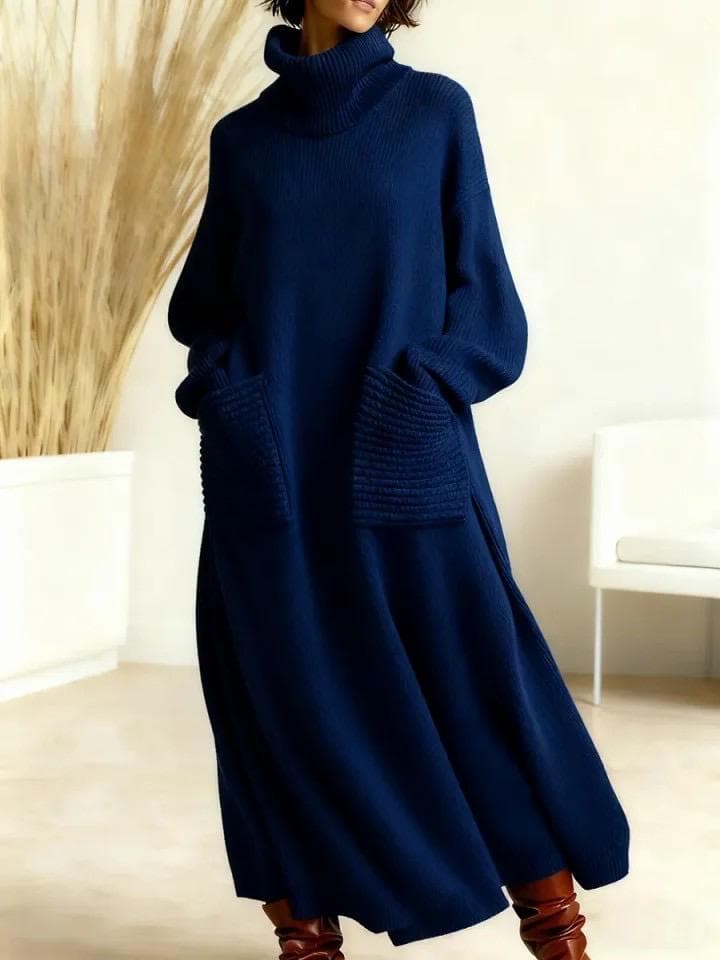 Vestido Largo de Punto con Cuello Alto – Lujo Acogedor para el Invierno