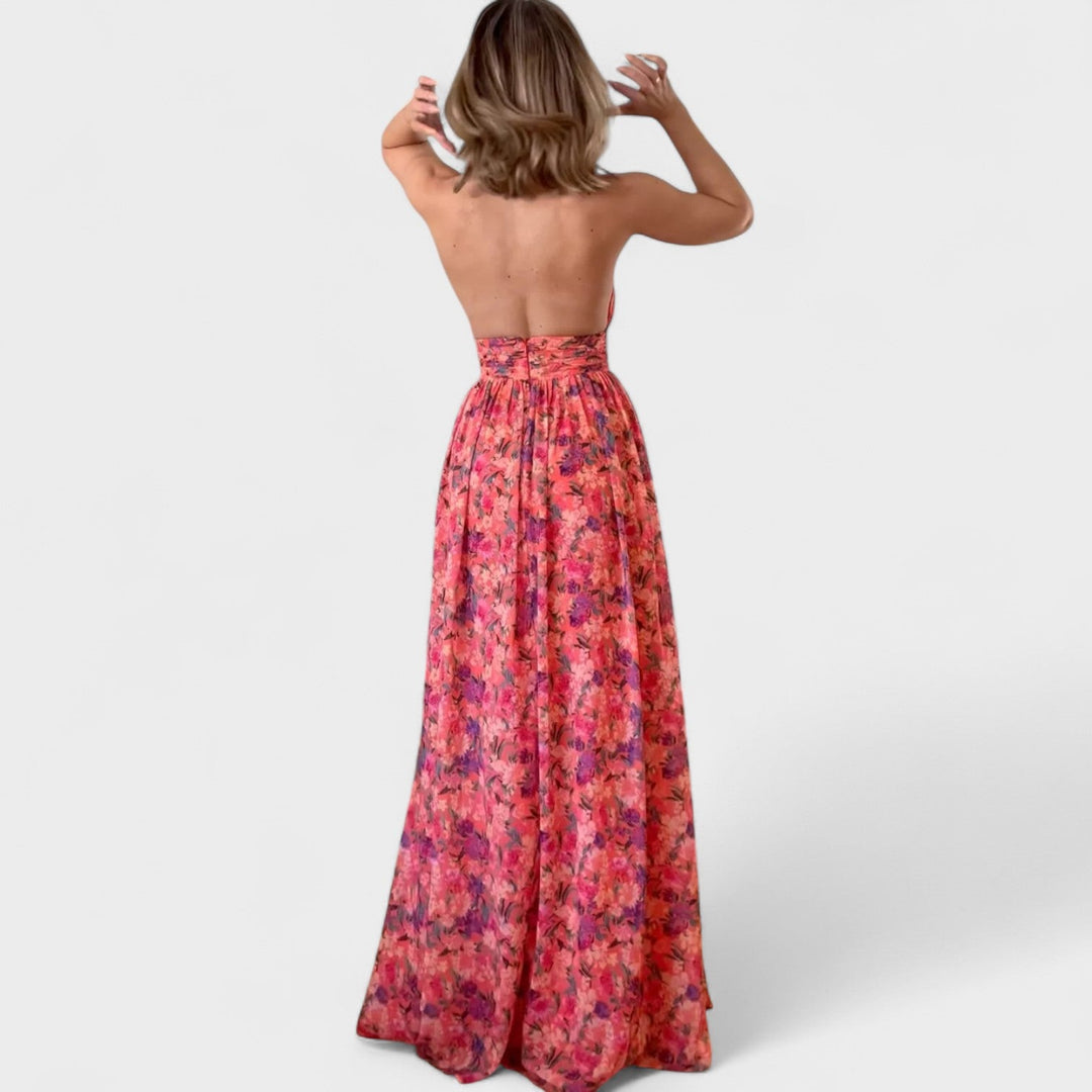 Floraria – Vestido Largo Halter con Espalda Abierta que resalta tu elegancia natural