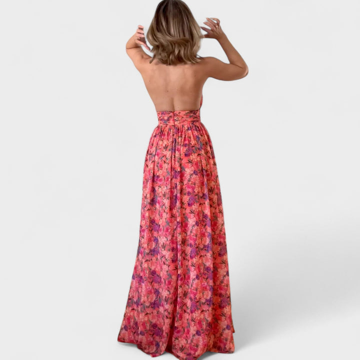 Floraria – Vestido Largo Halter con Espalda Abierta que resalta tu elegancia natural