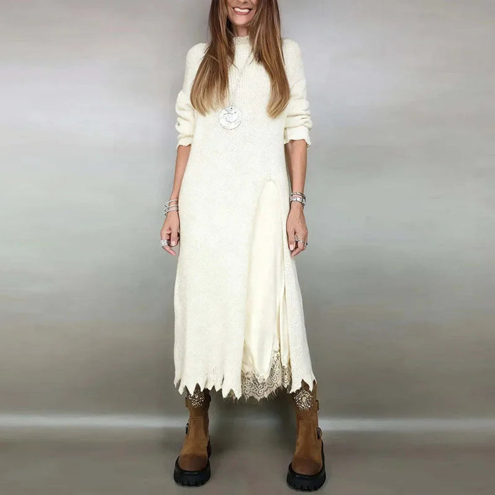 Conjunto con Encantador Vestido de Satén y Jersey Largo de Punto Artesanal