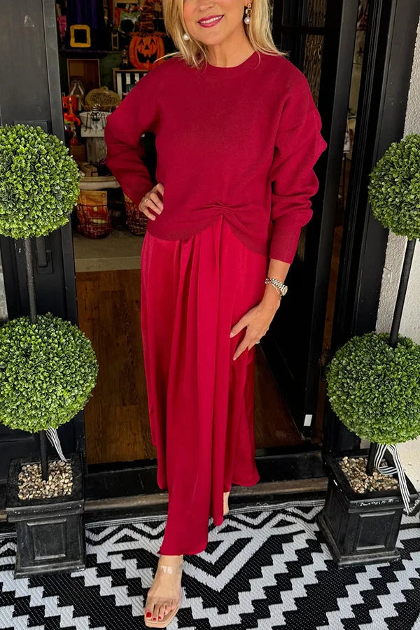 Set de Dos Piezas: Vestido Satén y Suéter Tejido