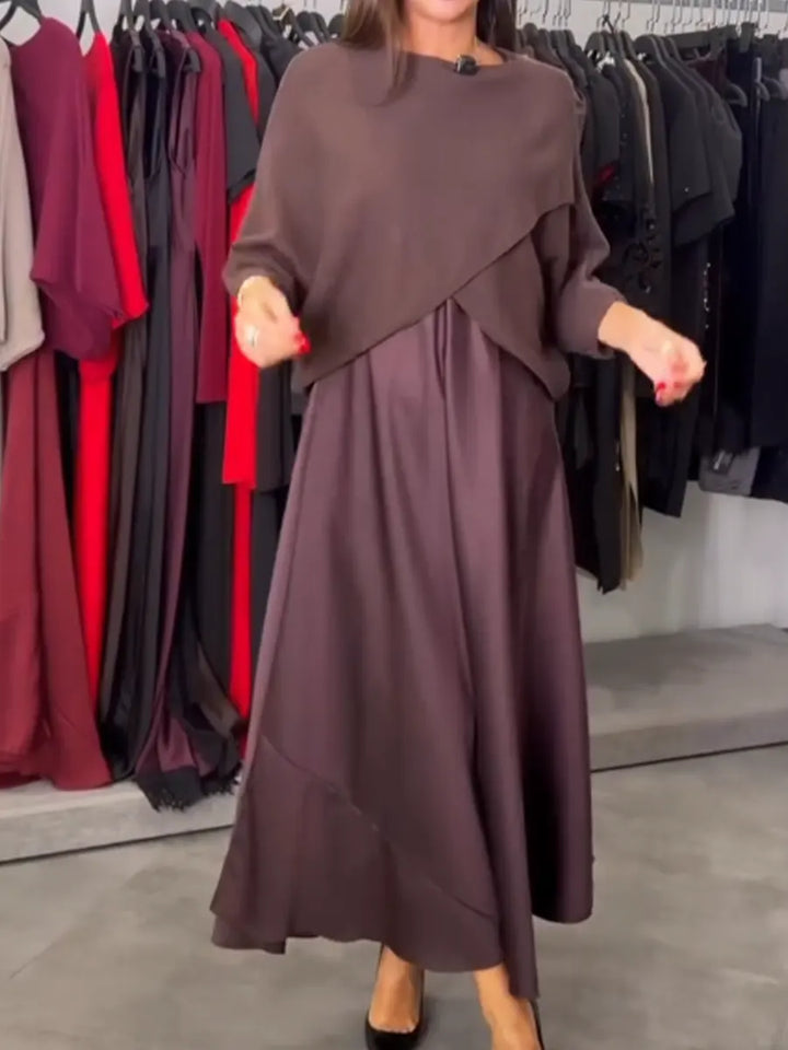 Conjunto de Dos Piezas con Vestido Satinado y Suéter de Punto