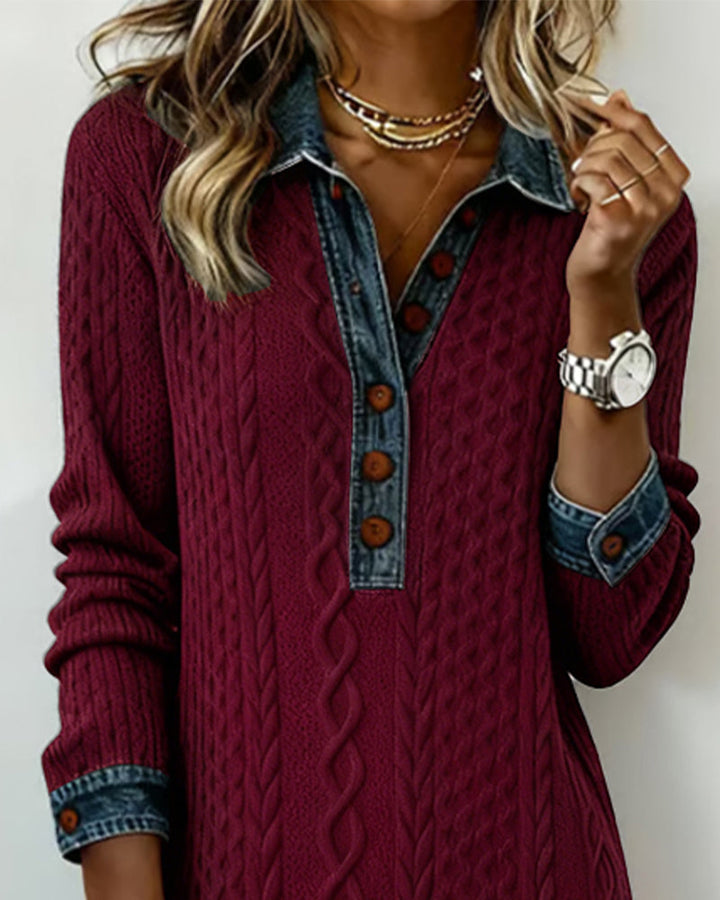 Vestido de Punto Trenzado con Detalles de Denim – Elegancia Casual y Comodidad para Todo el Día