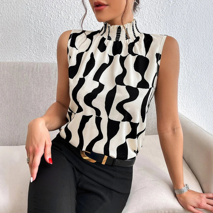 Blusa sin mangas mujer cuello alto estampado abstracto blanco y negro - Renata