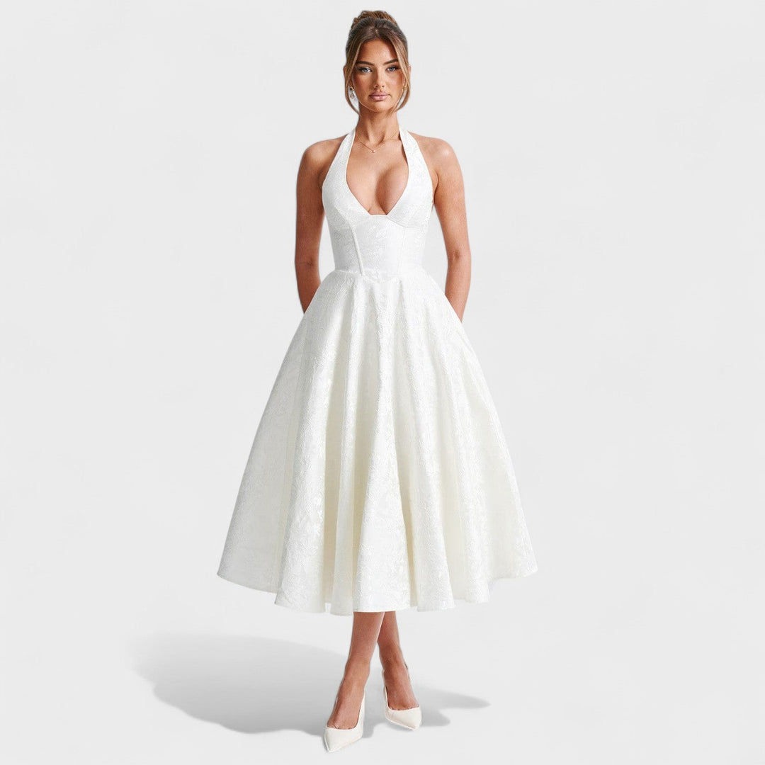 Effie – Vestido Midi Texturizado con Escote Halter que resalta tu feminidad