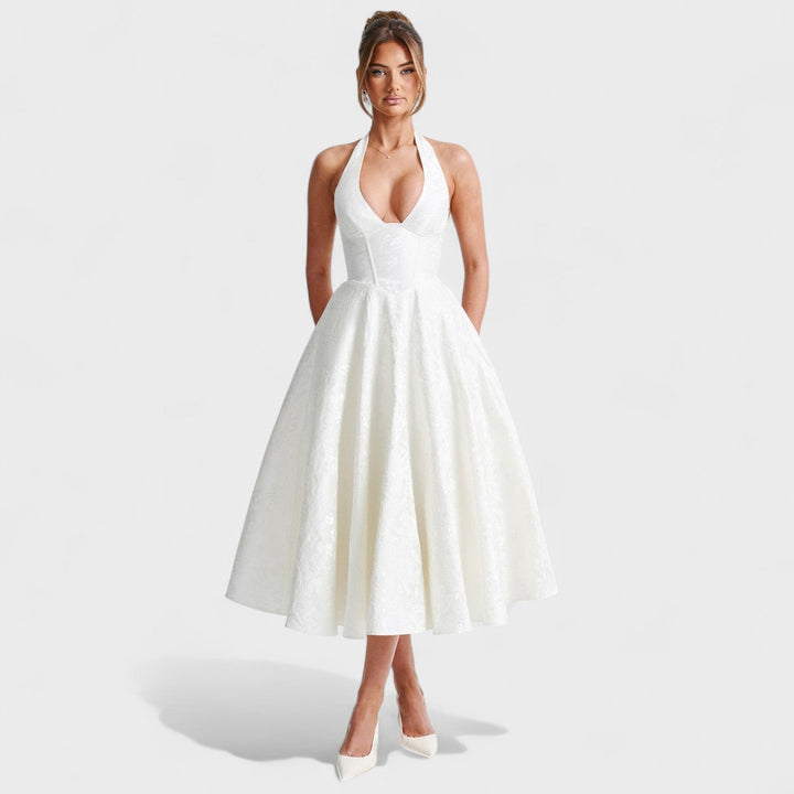 Effie – Vestido Midi Texturizado con Escote Halter que resalta tu feminidad