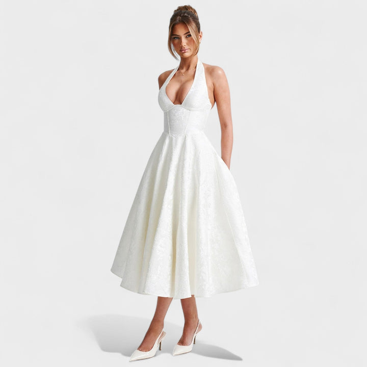 Effie – Vestido Midi Texturizado con Escote Halter que resalta tu feminidad