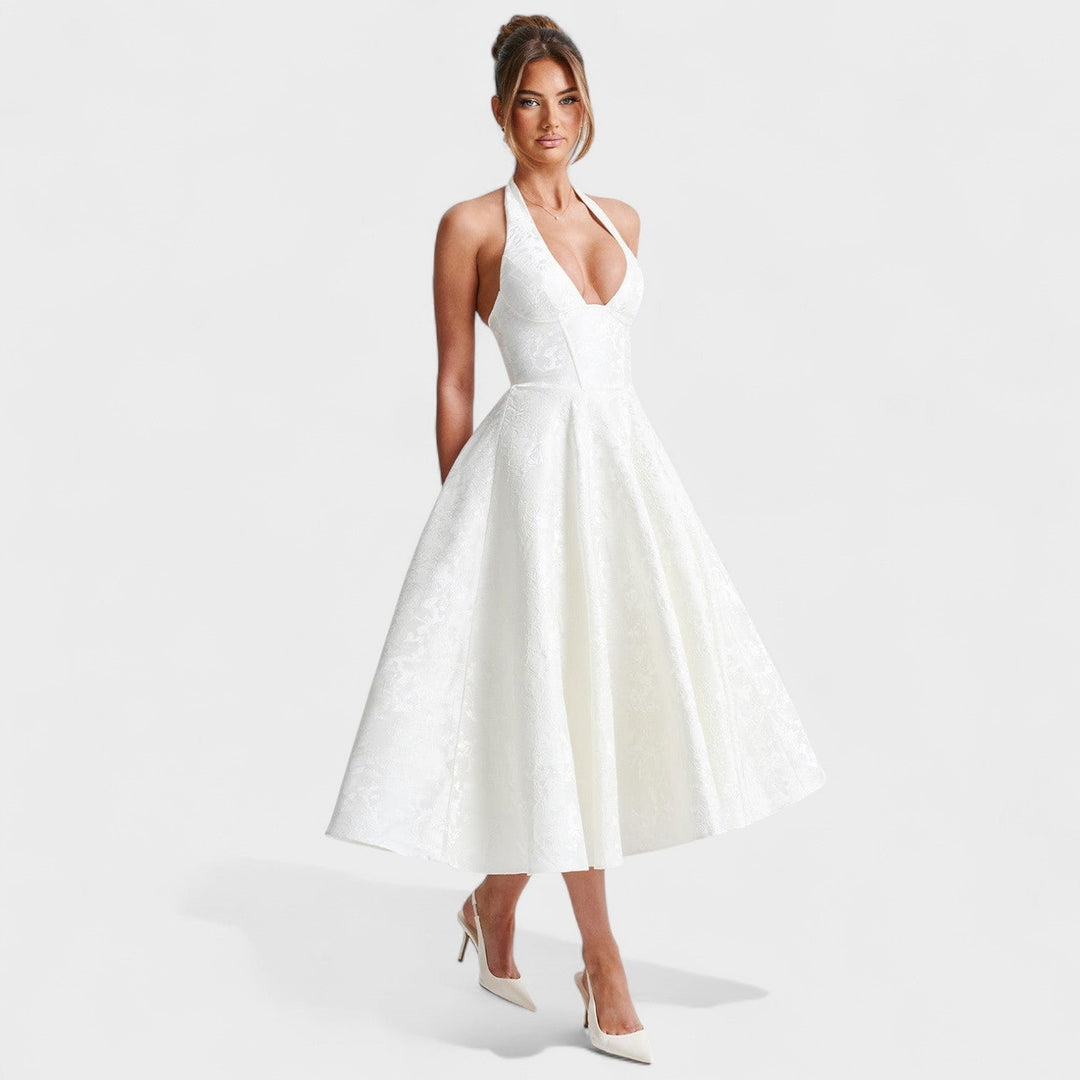 Effie – Vestido Midi Texturizado con Escote Halter que resalta tu feminidad