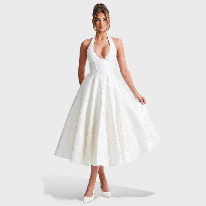 Effie – Vestido Midi Texturizado con Escote Halter que resalta tu feminidad