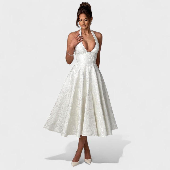 Effie – Vestido Midi Texturizado con Escote Halter que resalta tu feminidad