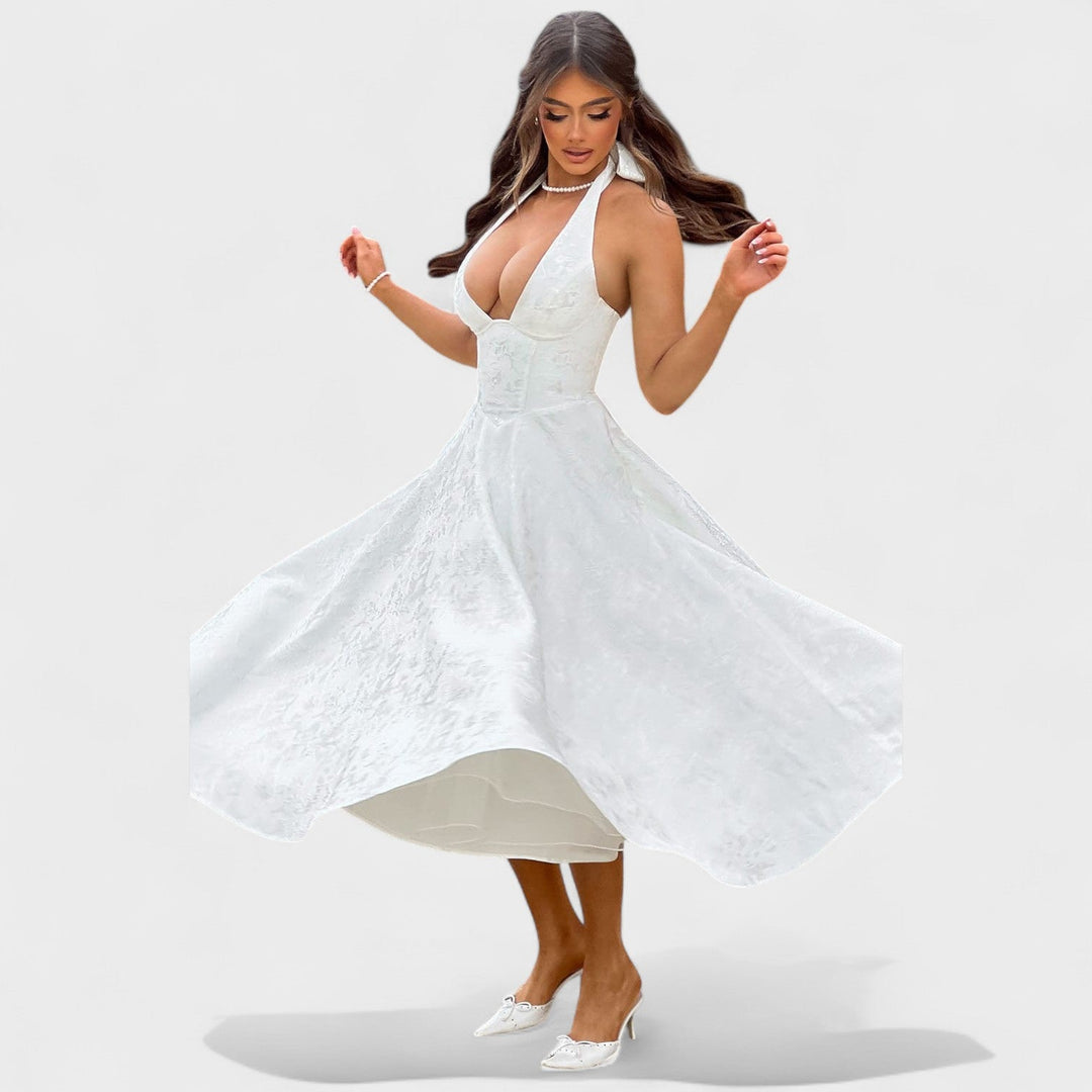 Effie – Vestido Midi Texturizado con Escote Halter que resalta tu feminidad