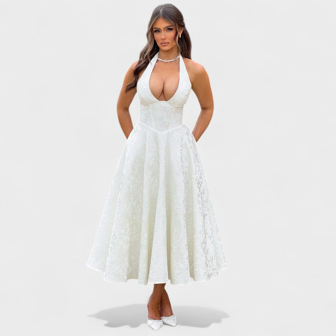 Effie – Vestido Midi Texturizado con Escote Halter que resalta tu feminidad