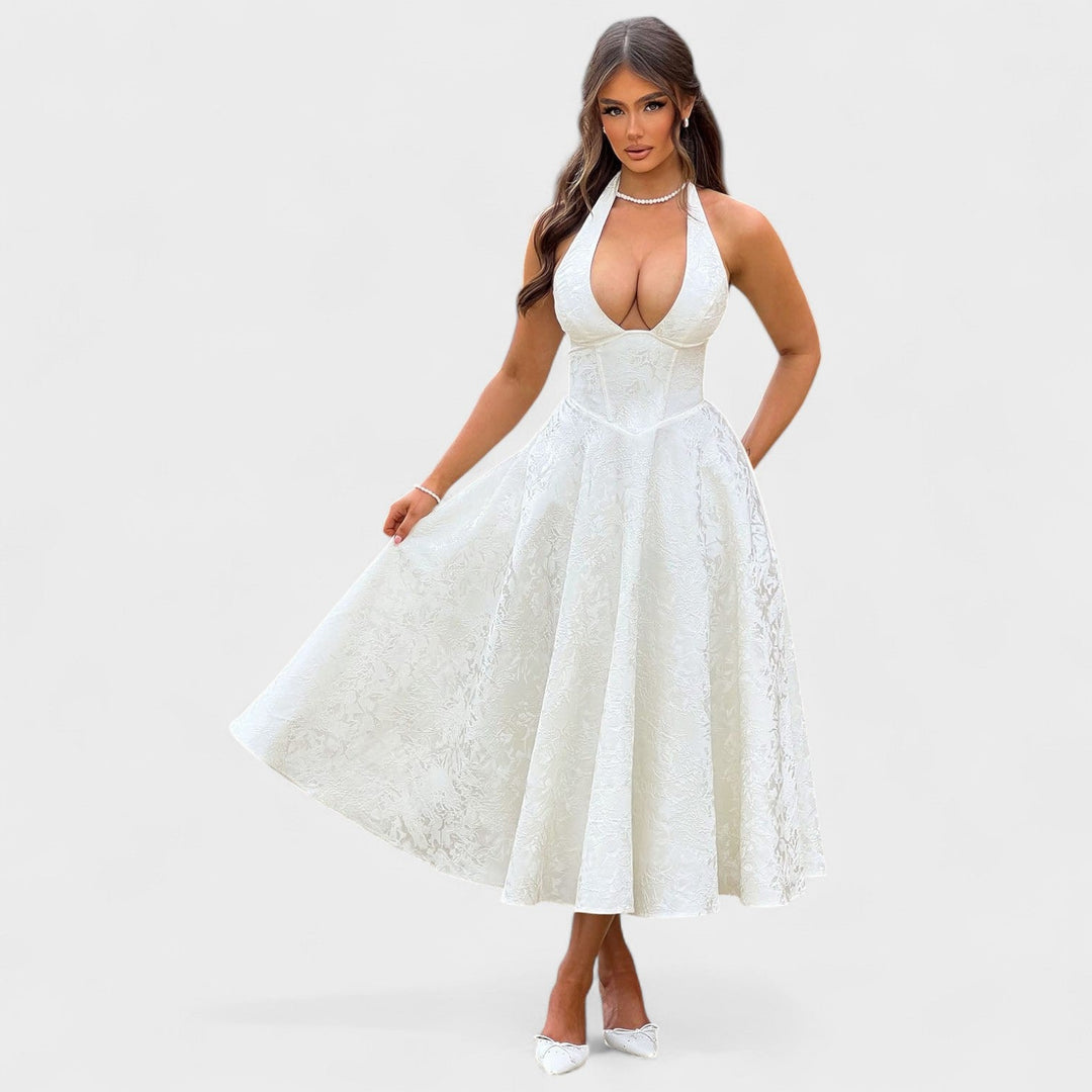 Effie – Vestido Midi Texturizado con Escote Halter que resalta tu feminidad