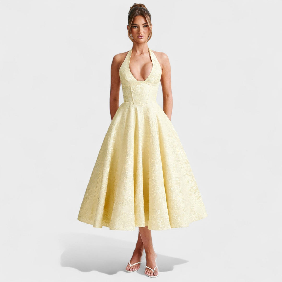 Effie – Vestido Midi Texturizado con Escote Halter que resalta tu feminidad