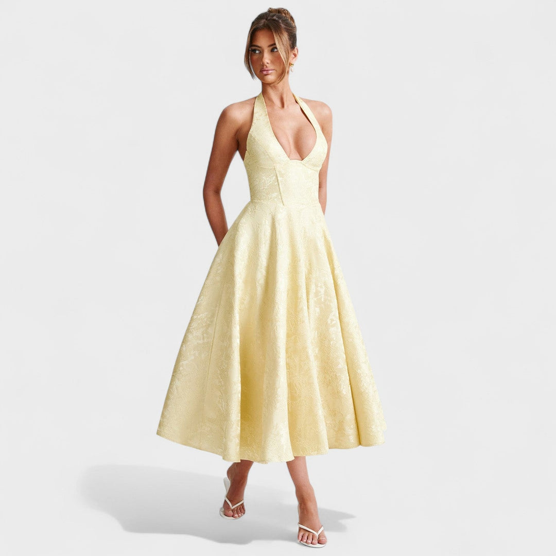 Effie – Vestido Midi Texturizado con Escote Halter que resalta tu feminidad