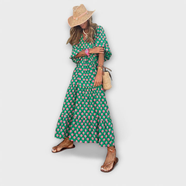 Sofía – Vestido Largo con Estampado Geométrico que Combina Comodidad y Elegancia