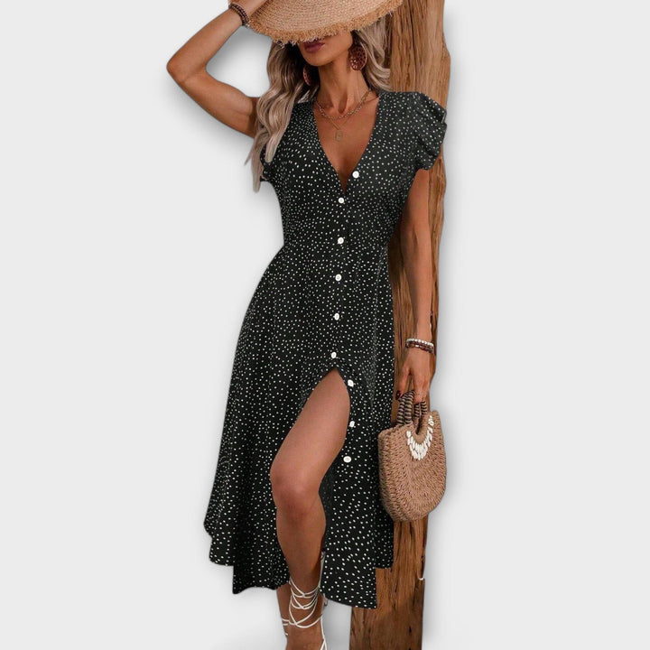 Valentina – Elegante Vestido Midi de Lunares que realza tu estilo