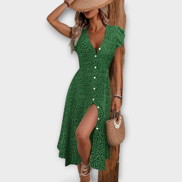 Valentina – Elegante Vestido Midi de Lunares que realza tu estilo