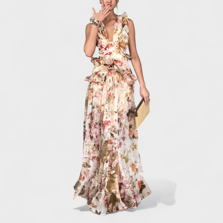 Isabela – Vestido Largo Floral con Volantes que realza tu feminidad