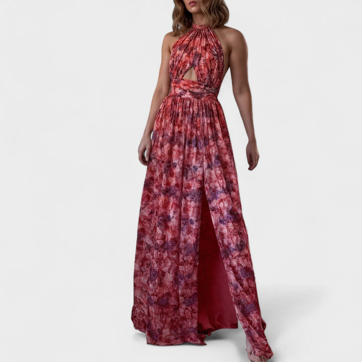 Floraria – Vestido Largo Halter con Espalda Abierta que resalta tu elegancia natural