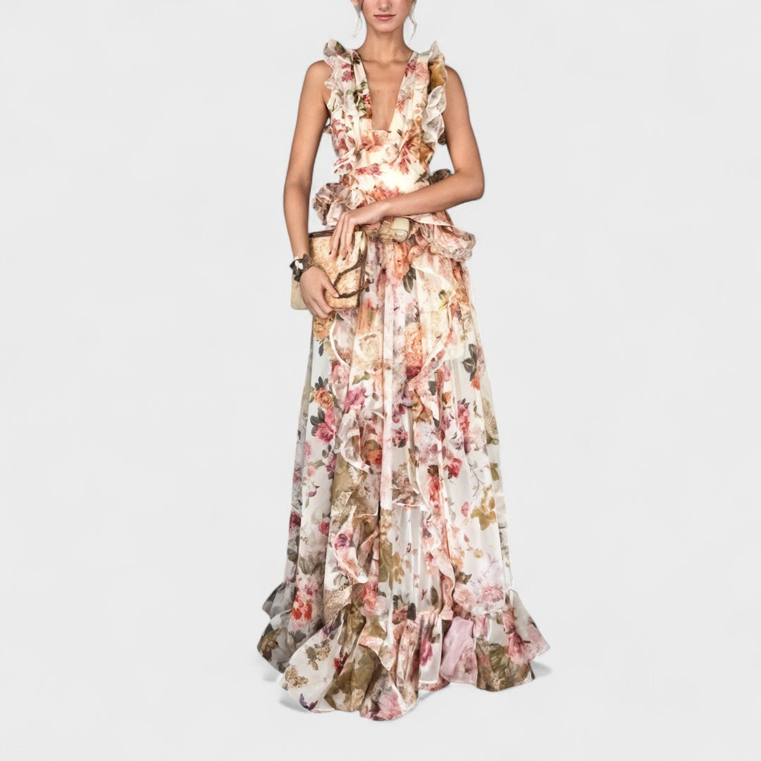 Isabela – Vestido Largo Floral con Volantes que realza tu feminidad