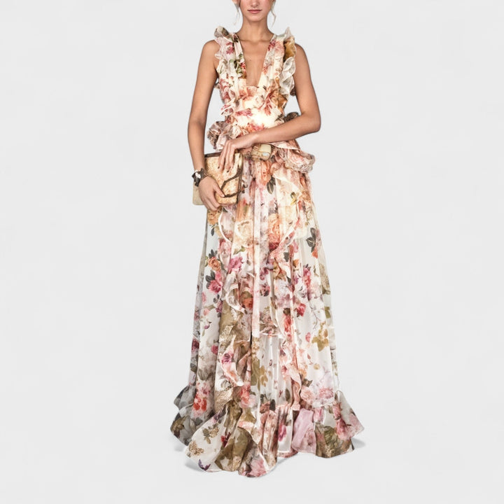 Isabela – Vestido Largo Floral con Volantes que realza tu feminidad