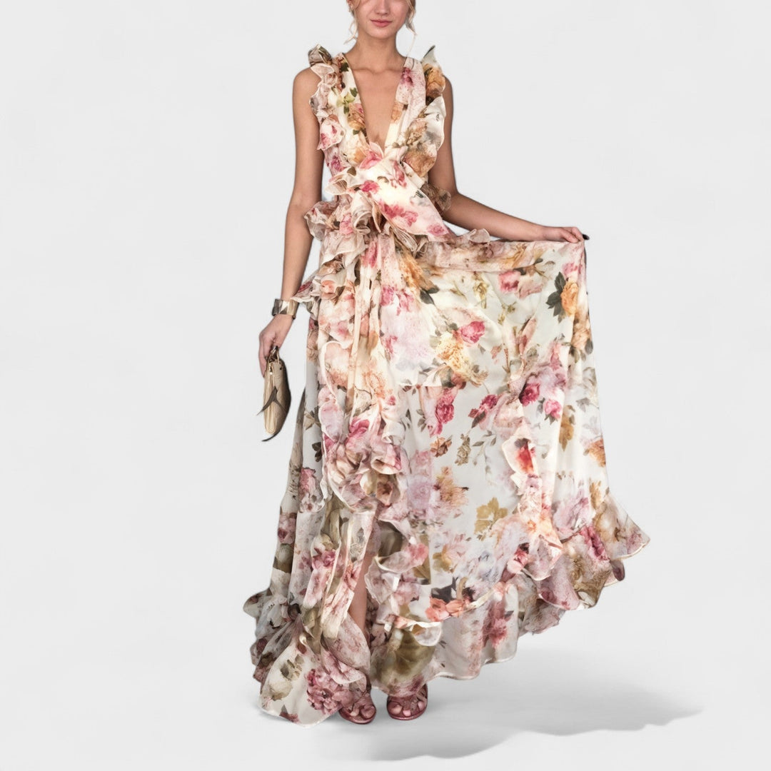 Isabela – Vestido Largo Floral con Volantes que realza tu feminidad