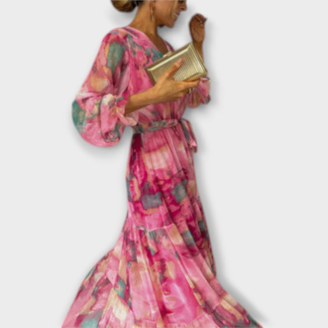 Evelyn – Vestido largo de ensueño en acuarela que realza tu belleza femenina