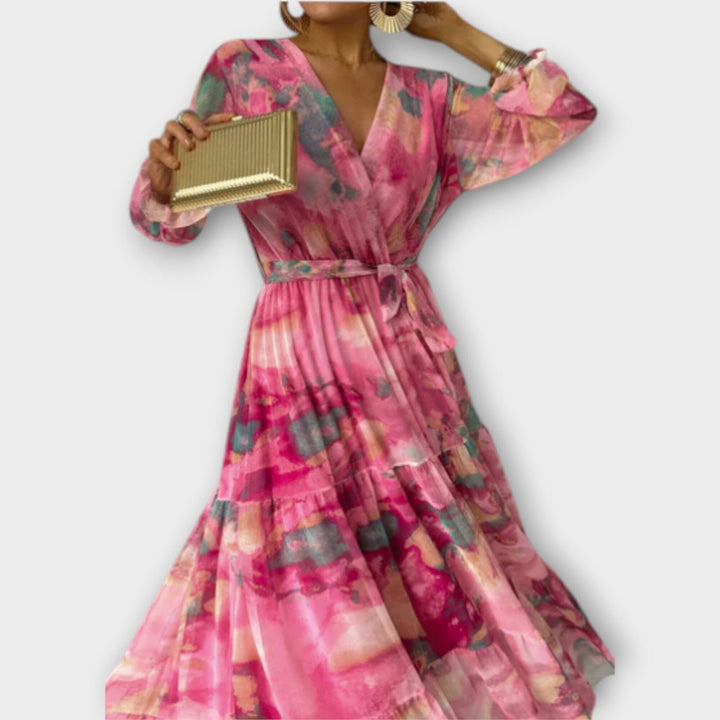 Evelyn – Vestido largo de ensueño en acuarela que realza tu belleza femenina