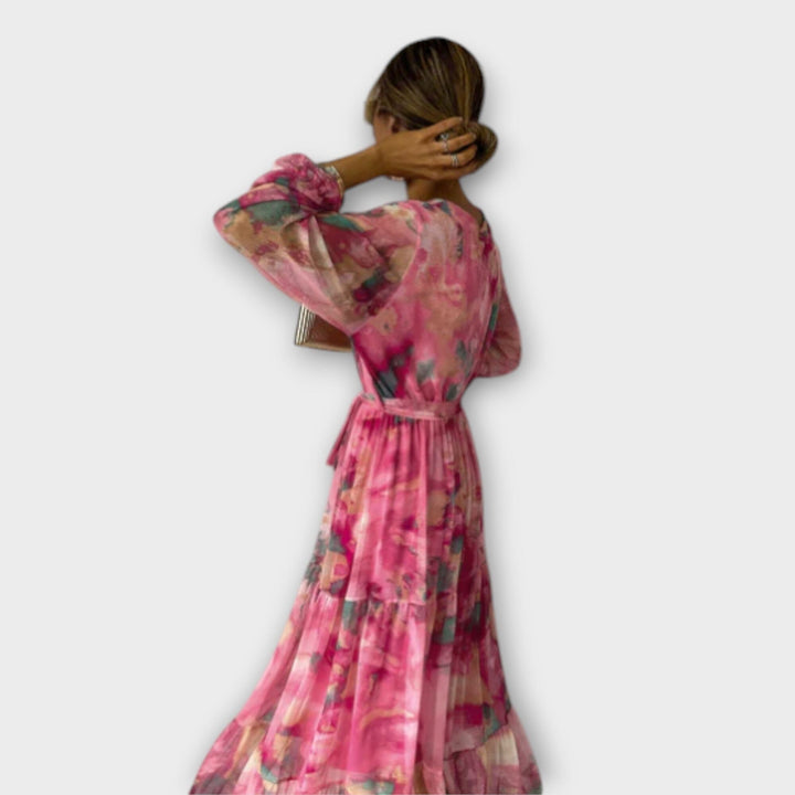 Evelyn – Vestido largo de ensueño en acuarela que realza tu belleza femenina